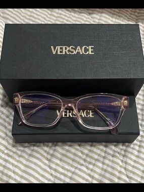 Versace Women's Clear Pink Square Glasses with Gold Accents